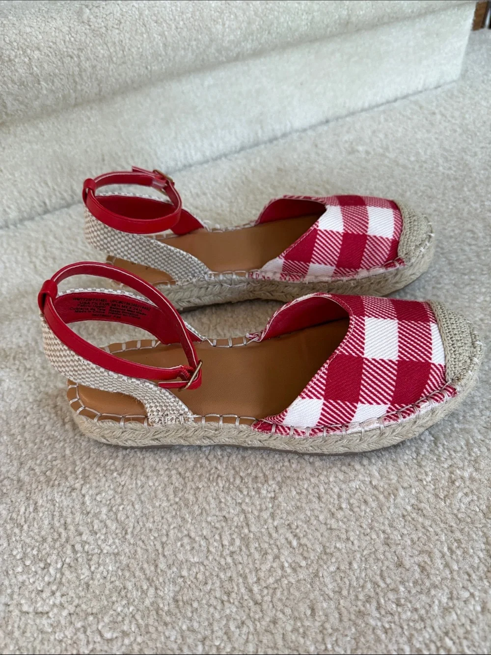 Time and Tru Red and White Gingham Espadrille Sandals with Ankle Strap